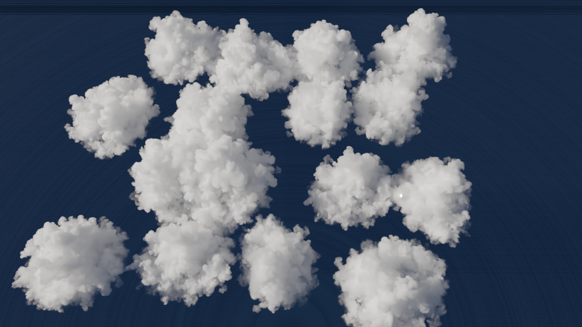 An aerial view of a dozen bright white cumulus clouds floating over a dark blue sea.