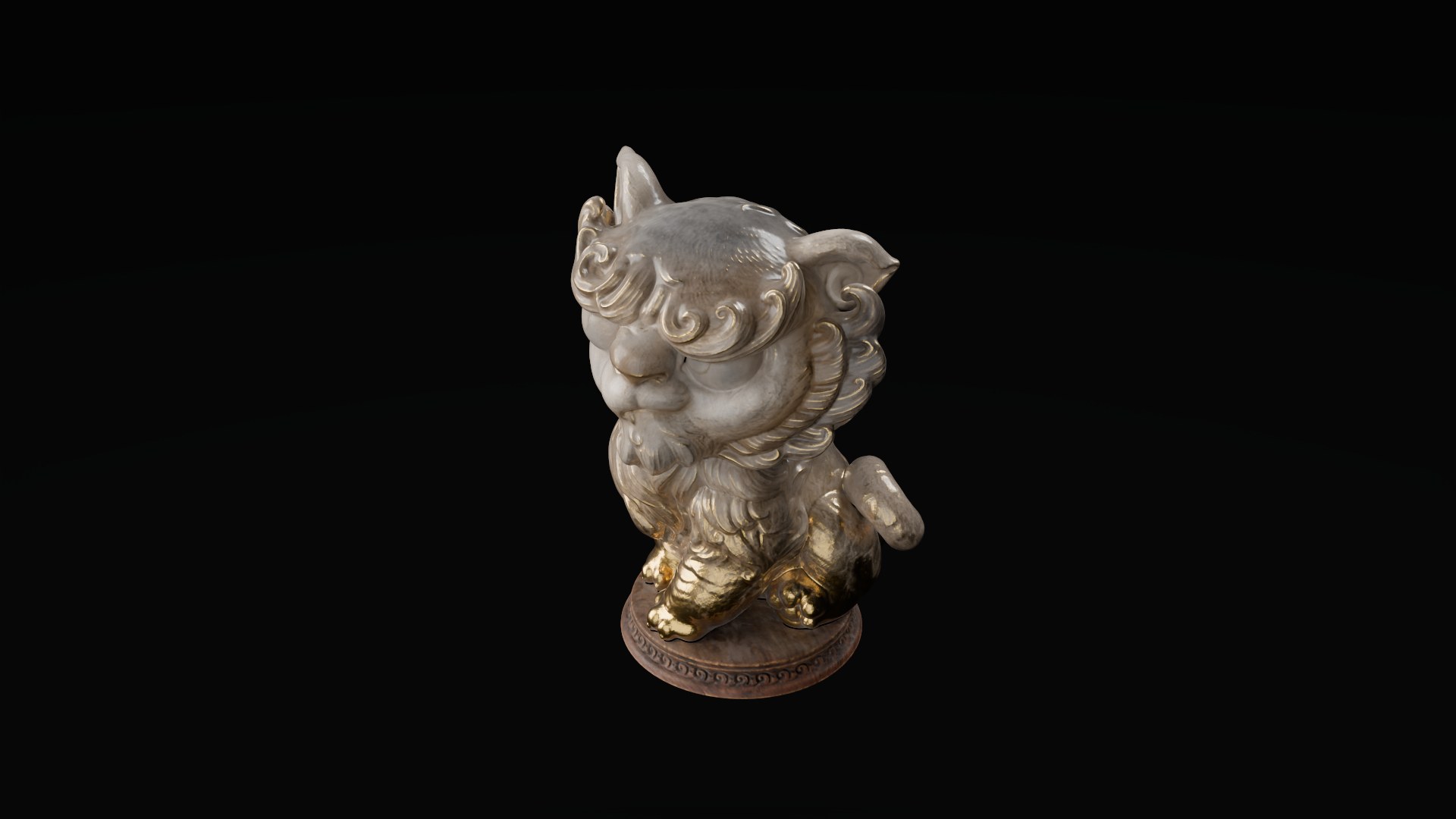 A lion statue in glazed off-white ceramic with gold-leaf paws and mane edges, on a carved wooden base, lit against black.