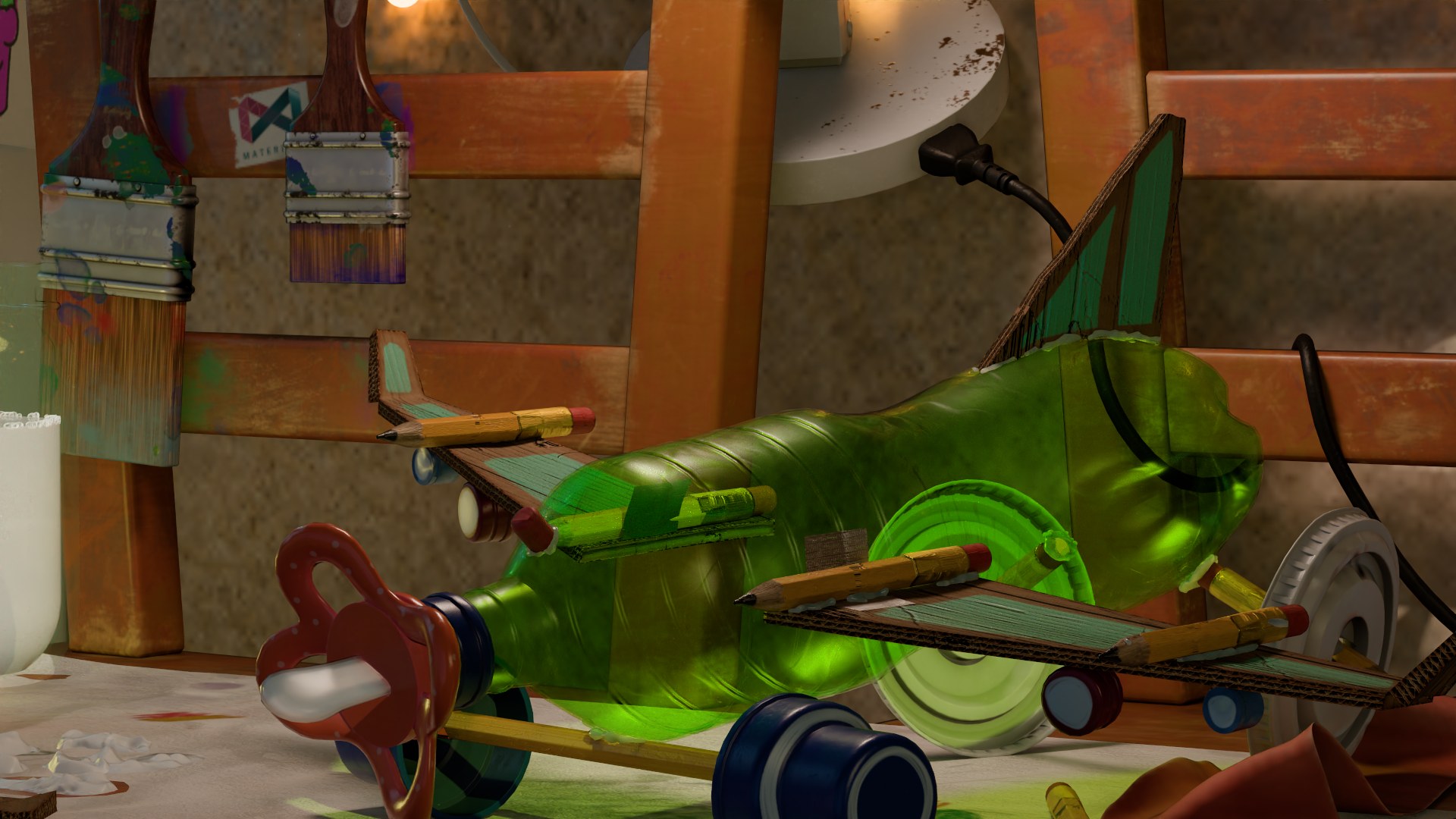 A toy plane made from a green plastic bottle, cardboard wings and pencils, in front of painted wooden chair slats and hanging paint brushes.